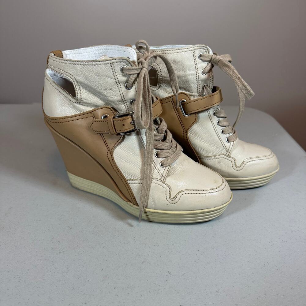Hogan Rebel Leather Wedge Sneakers Womens 38 Cream Tan Leather 2010s Lace Up